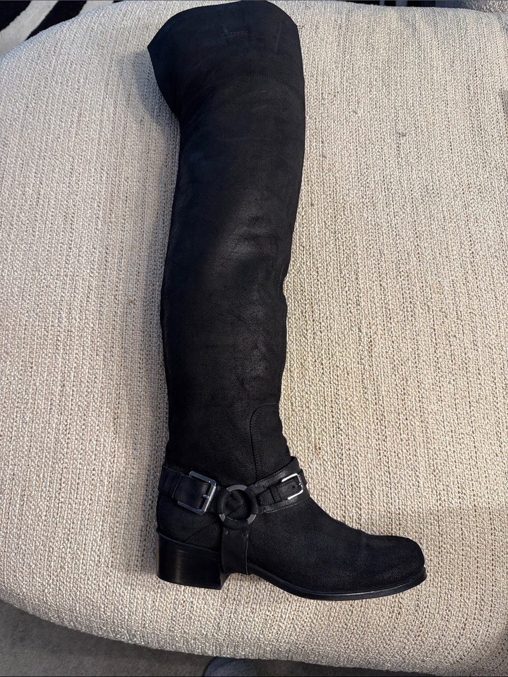 Black Over-the-Knee Suede Riding Boot with Buckle Detail